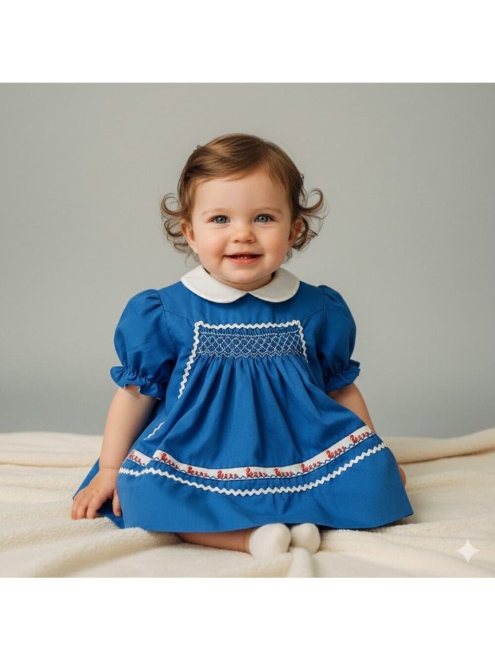 Vtg 70s Polly Flinders Blue Ric Rack Duck Trim Long Sleeve Dress Size 12 Months